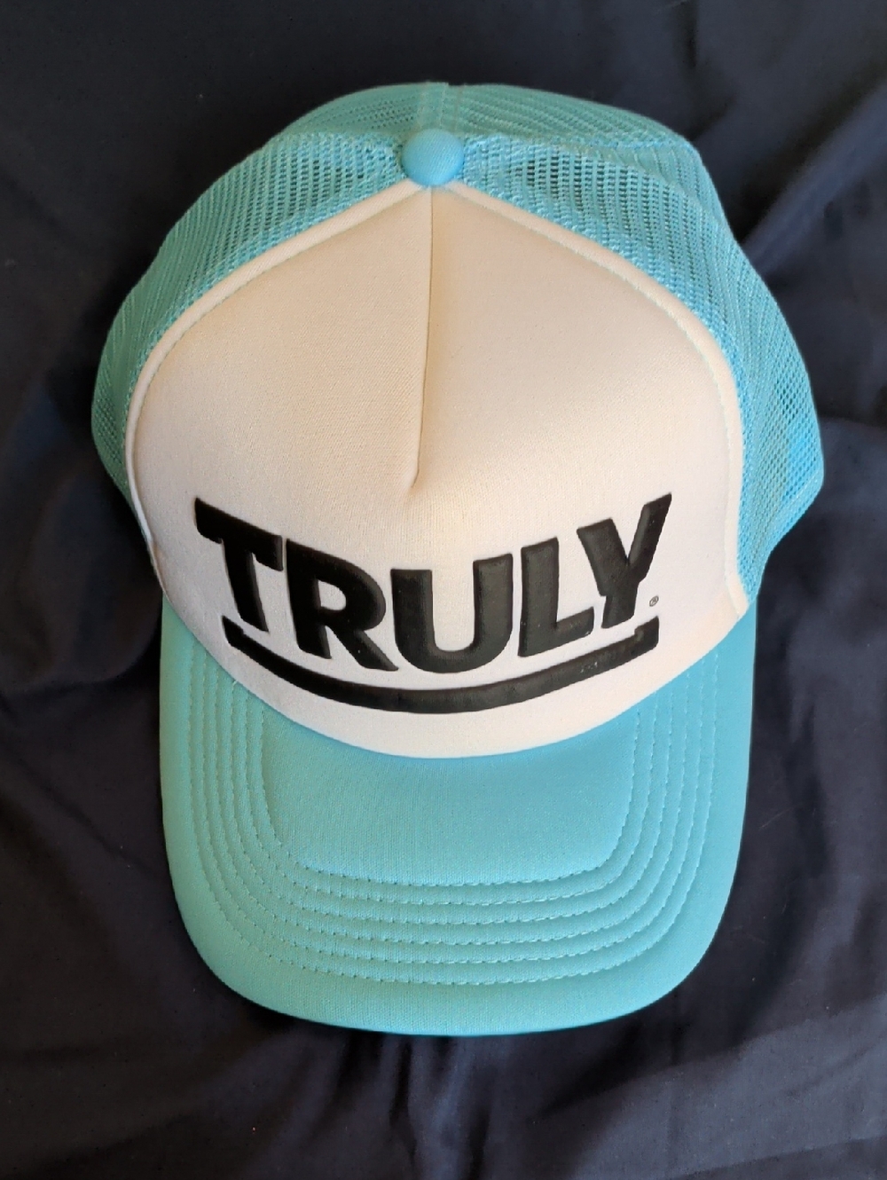 TRULY Aqua and White Logo Mesh Trucker Hat